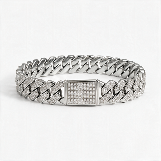 Bracelet Cuban Prong 14 mm — Argenté Ice